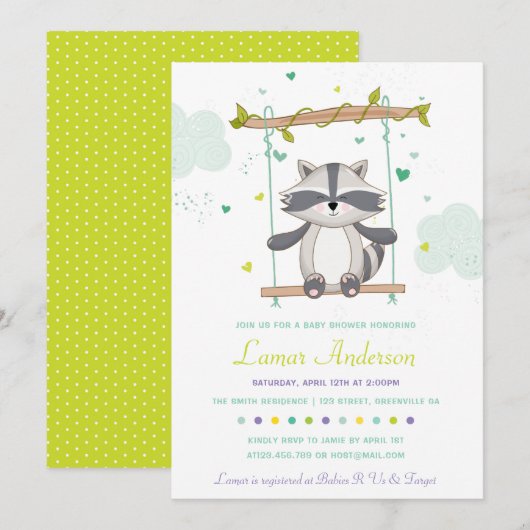 Cute Raccoon Baby shower Invitation Kaart (Voorkant / Achterkant)