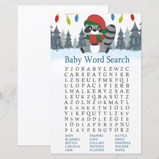 Cute Raccoon Baby shower Word Search (Voorkant / Achterkant)