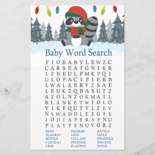 Cute Raccoon Baby shower Word Search (Voorkant)