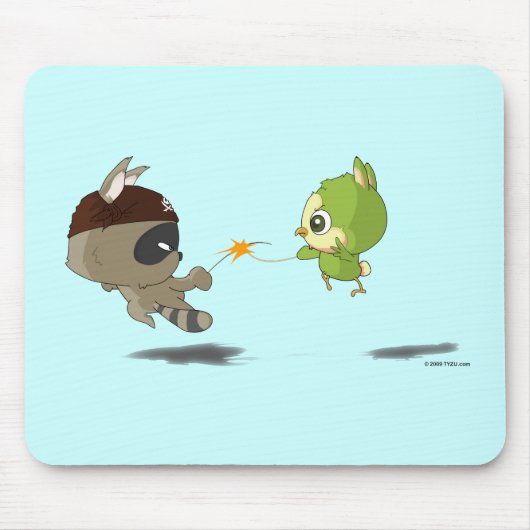 Cute Raccoon Bird Fencing Cartoon Anime Mousepad Muismat (Voorkant)