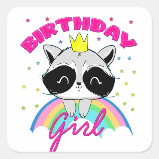 Cute Raccoon Birthday Girl Party Theme Vierkante Sticker (Voorkant)