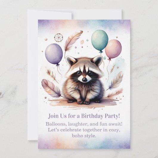 Cute Raccoon Birthday Invitation Woodland Boho  Kaart (Voorkant)
