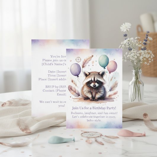 Cute Raccoon Birthday Invitation Woodland Boho  Kaart