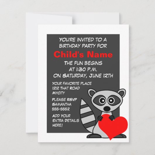 Cute Raccoon en Heart Birthday Invitation Kaart (Voorkant)