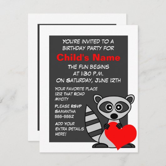 Cute Raccoon en Heart Birthday Invitation Kaart (Voorkant / Achterkant)