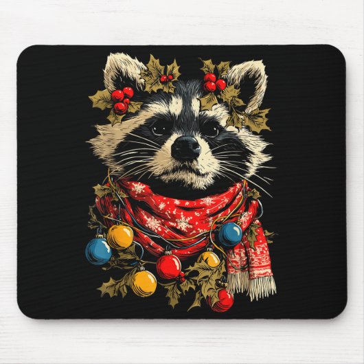 Cute Raccoon F Christmas Lights Festive Forest Ani Muismat (Voorkant)