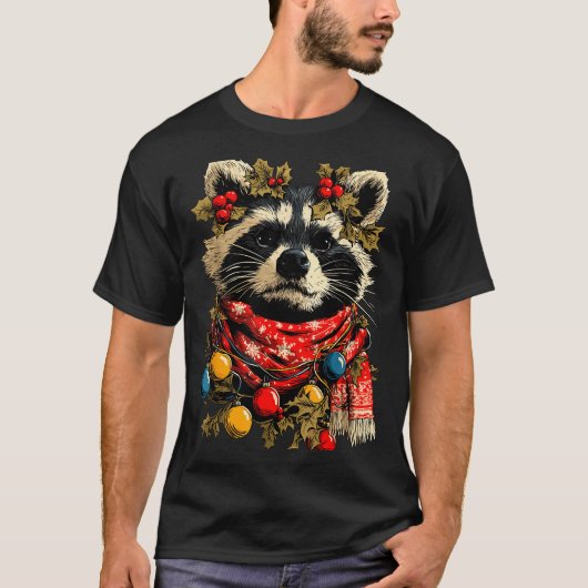 Cute Raccoon F Christmas Lights Festive Forest Ani T-shirt (Voorkant)