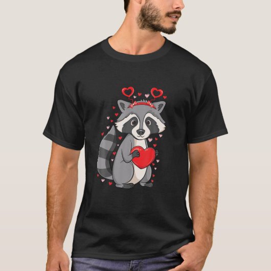 Cute Raccoon Holding Hearts Love Pattern Valentijn T-shirt (Voorkant)