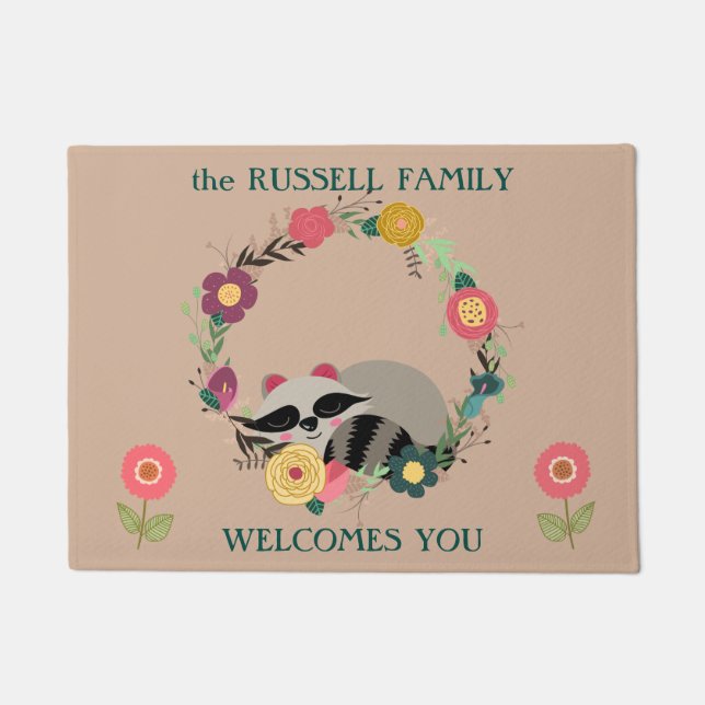 Cute Raccoon in Floral Wreath Deurmat (Voorkant)
