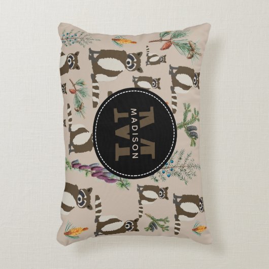 Cute Raccoon in Pine Forest Pattern Monogram Accent Kussen (Voorkant(Verticaal))