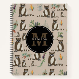 Cute Raccoon in Pine Forest Pattern Monogram Notitieboek