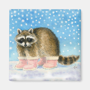 Cute raccoon in roze sneeuwschoenen magneet