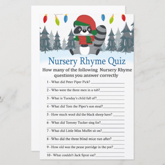 Cute Raccoon kerst Nursery Rhyme Quiz game (Voorkant / Achterkant)