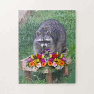 Cute Raccoon met bloemen Legpuzzel