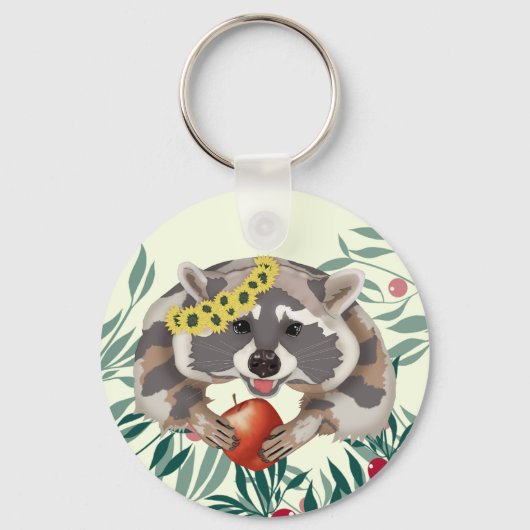 Cute raccoon met een appel in de poten sleutelhanger (Voorkant)