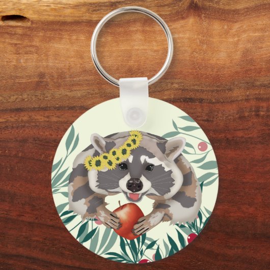 Cute raccoon met een appel in de poten sleutelhanger (Voorkant)