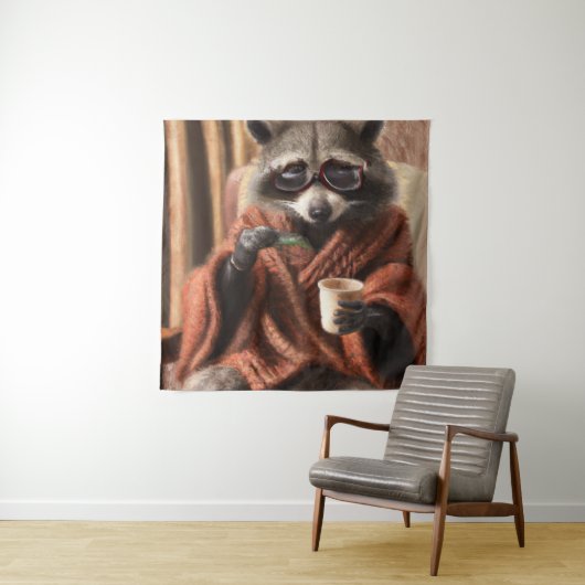 Cute raccoon met een bril in een driehoeksklep wandkleed (In situ)