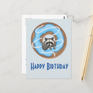 Cute Raccoon met Sweet Donut Happy Birthday Blue Briefkaart