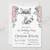 Cute Raccoon Peony Birthday Party Kaart (Voorkant)