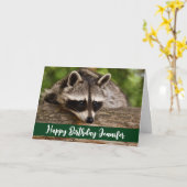 Cute Raccoon Resting on a Log Birthday Kaart (Gele Bloem)