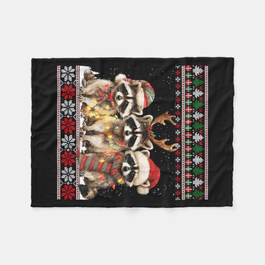Cute Raccoon Santa Christmas Lights Ugly Xmas Swea Fleece Deken (Voorkant (Horizontaal))