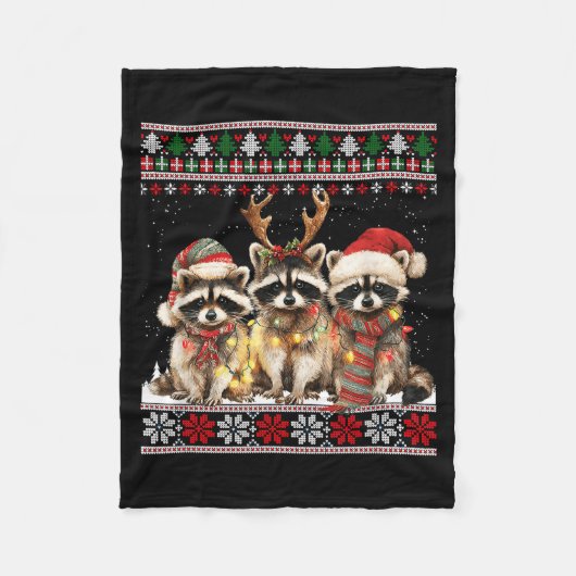 Cute Raccoon Santa Christmas Lights Ugly Xmas Swea Fleece Deken (Voorkant)