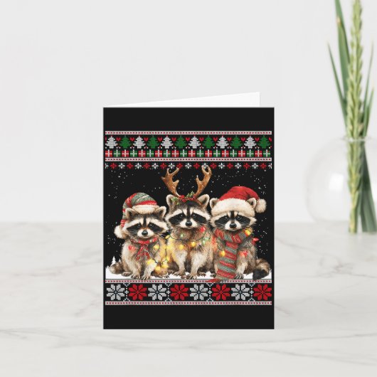 Cute Raccoon Santa Christmas Lights Ugly Xmas Swea Kaart (Voorkant)