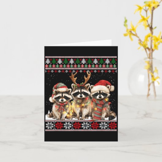 Cute Raccoon Santa Christmas Lights Ugly Xmas Swea Kaart (Gele Bloem)