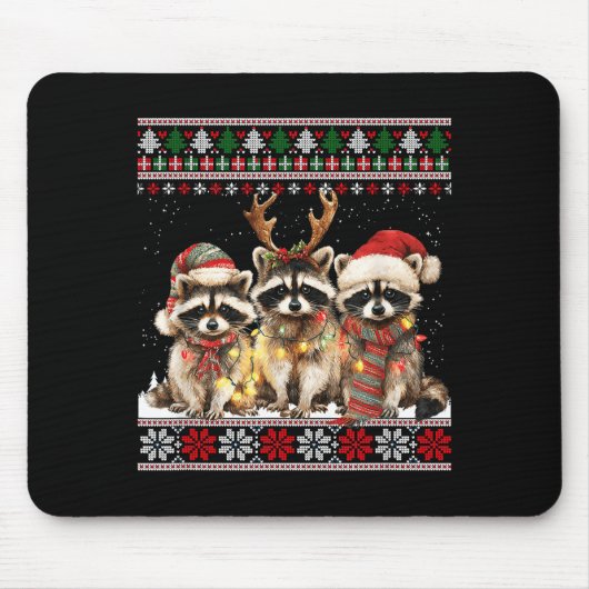 Cute Raccoon Santa Christmas Lights Ugly Xmas Swea Muismat (Voorkant)