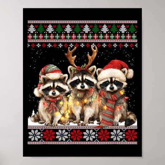 Cute Raccoon Santa Christmas Lights Ugly Xmas Swea Poster (Voorkant)