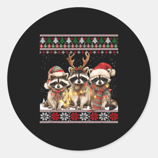 Cute Raccoon Santa Christmas Lights Ugly Xmas Swea Ronde Sticker (Voorkant)