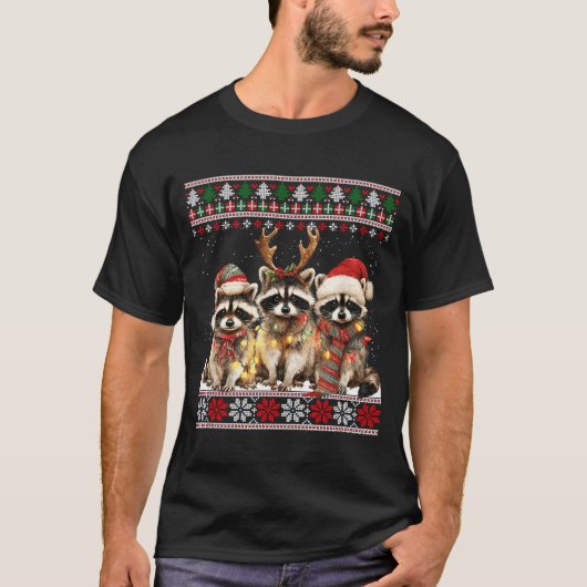 Cute Raccoon Santa Christmas Lights Ugly Xmas Swea T-shirt (Voorkant)
