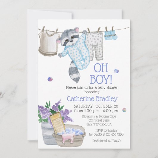 Cute Raccoon Wash Day Boy Waterverf Baby shower Kaart (Voorkant)