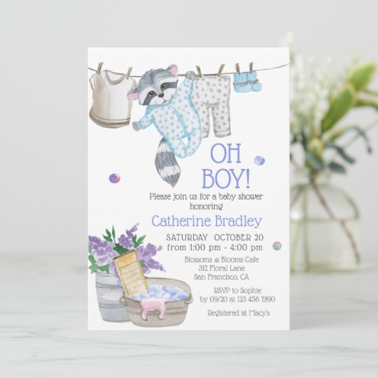 Cute Raccoon Wash Day Boy Waterverf Baby shower Kaart (Staand voorkant)