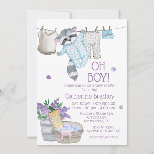 Cute Raccoon Wash Day Boy Waterverf Baby shower Kaart (Voorkant)