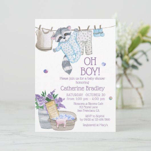 Cute Raccoon Wash Day Boy Waterverf Baby shower Kaart (Staand voorkant)