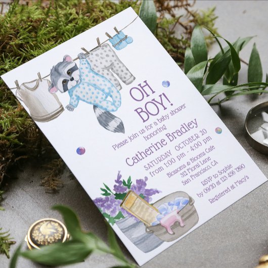 Cute Raccoon Wash Day Boy Waterverf Baby shower Kaart