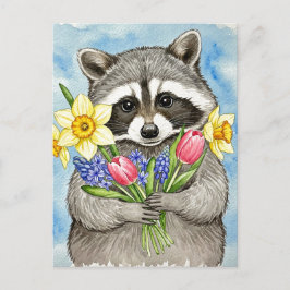 Cute Raccoon with Spring Flowers Postcard Feestdagenkaart