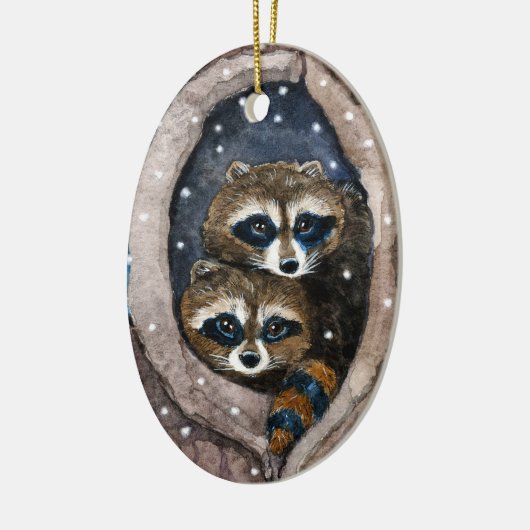 Cute raccoons en sneeuwkerstversiering keramisch ornament (Links)
