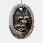 Cute raccoons en sneeuwkerstversiering keramisch ornament (Voorkant)