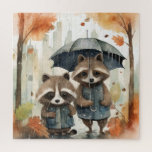 Cute Raccoons in the Rain Legpuzzel<br><div class="desc">Cute Raccoons in the Rain holding an umbrella</div>