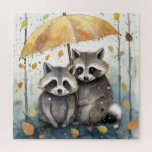 Cute Raccoons in the Rain Legpuzzel<br><div class="desc">Cute Raccoons in the Rain holding an umbrella</div>