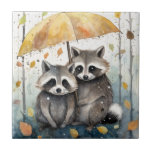 Cute Raccoons in the Rain Tegeltje<br><div class="desc">Cute Raccoons in the Rain holding an umbrella</div>