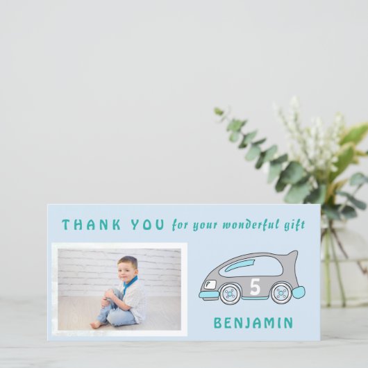 Cute Race Car Blue Birthday Bedankt voor je foto (Staand voorkant)