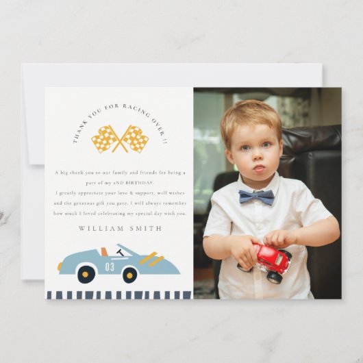 Cute Race Car Kinderen Blauw Foto Verjaardag Elke Bedankkaart (Voorkant)
