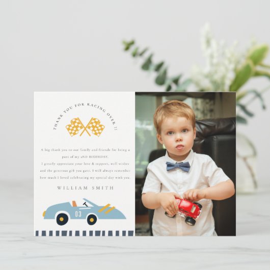 Cute Race Car Kinderen Blauw Foto Verjaardag Elke Bedankkaart (Staand voorkant)