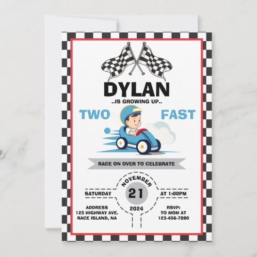 Cute Racer Two Fast Uitnodiging (Voorkant)