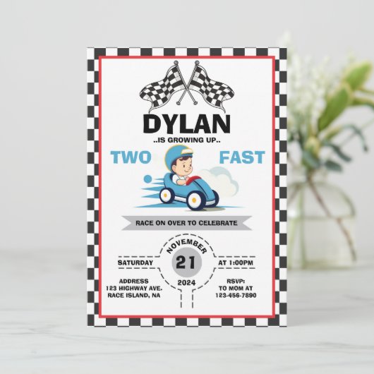Cute Racer Two Fast Uitnodiging (Staand voorkant)