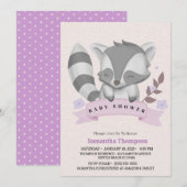 Cute Racoon Girls Paars Baby shower Kaart (Voorkant / Achterkant)