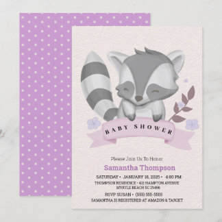 Cute Racoon Girls Paars Baby shower Kaart